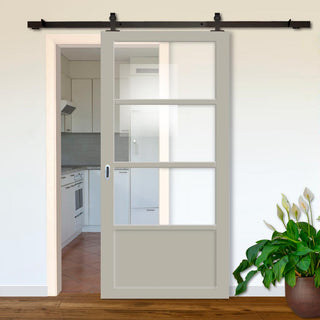 Image: Top Mounted Black Sliding Track & Solid Wood Door - Eco-Urban® Staten 3 Pane 1 Panel Solid Wood Door DD6310G - Clear Glass - Mist Grey Premium Primed