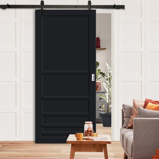 Image: Top Mounted Black Sliding Track & Solid Wood Door - Eco-Urban® Stockholm 6 Panel Solid Wood Door DD6407 - Shadow Black Premium Primed