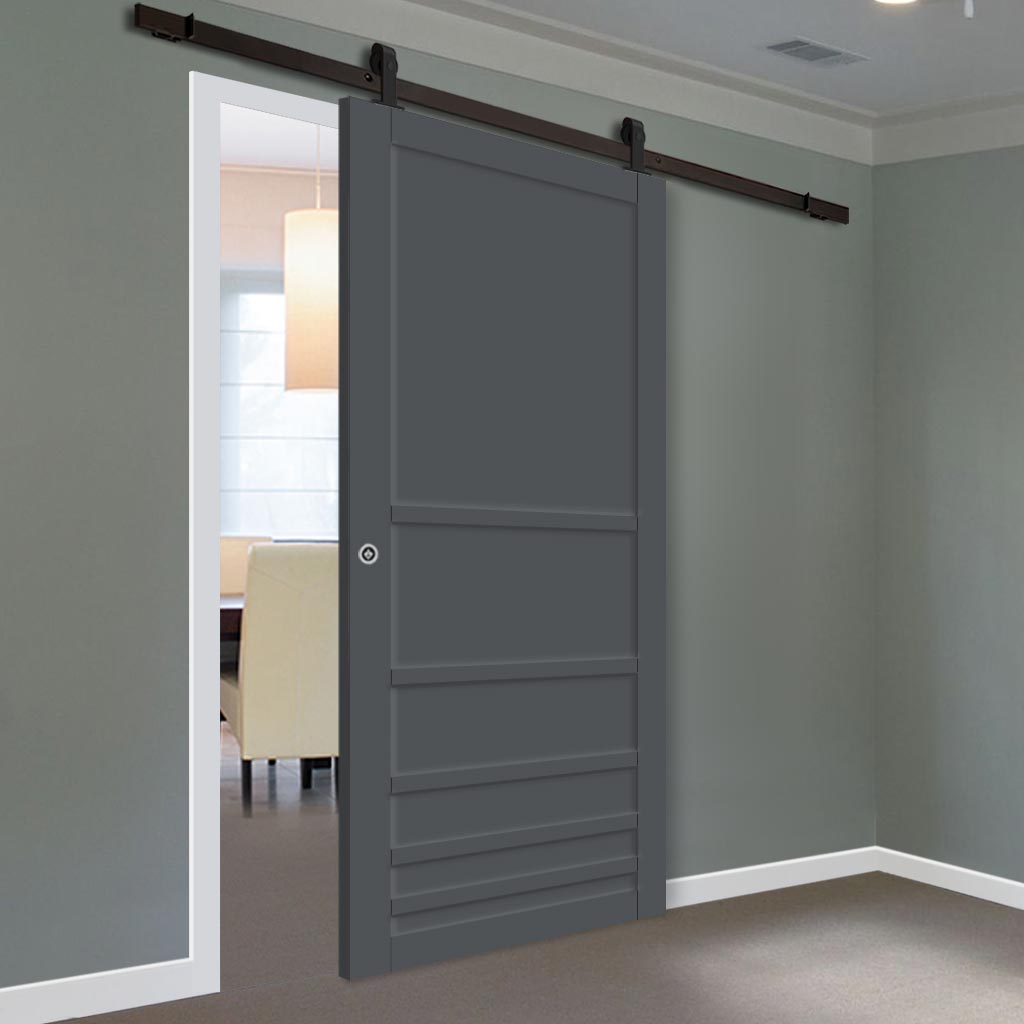 Top Mounted Black Sliding Track & Solid Wood Door - Eco-Urban® Stockholm 6 Panel Solid Wood Door DD6407 - Stormy Grey Premium Primed