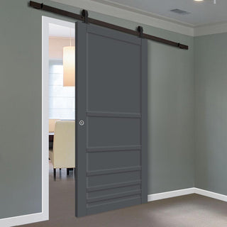 Image: Top Mounted Black Sliding Track & Solid Wood Door - Eco-Urban® Stockholm 6 Panel Solid Wood Door DD6407 - Stormy Grey Premium Primed