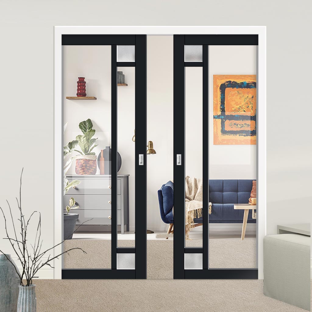 Handmade Eco-Urban® Suburban 4 Pane Double Evokit Pocket Door DD6411G Clear Glass(2 FROSTED CORNER PANES)- Colour & Size Options