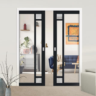 Image: Handmade Eco-Urban® Suburban 4 Pane Double Evokit Pocket Door DD6411G Clear Glass(2 FROSTED CORNER PANES)- Colour & Size Options
