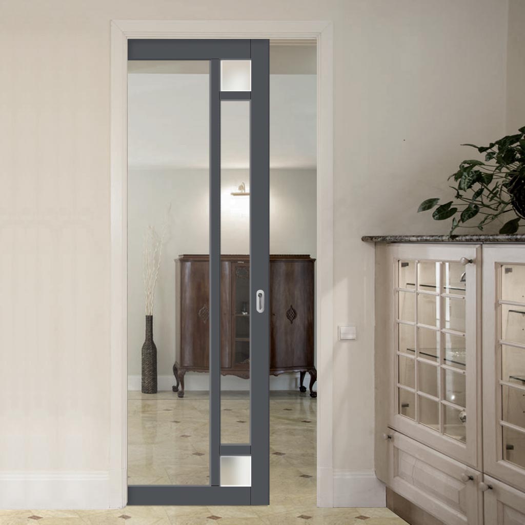 Handmade Eco-Urban® Suburban 4 Pane Single Evokit Pocket Door DD6411G Clear Glass(2 FROSTED CORNER PANES)- Colour & Size Options