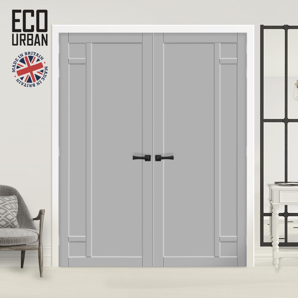 Suburban 4 Panel Solid Wood Internal Door Pair UK Made DD6411 - Eco-Urban® Mist Grey Premium Primed