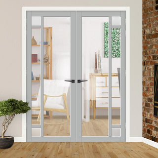 Image: Eco-Urban Suburban 4 Pane Solid Wood Internal Door Pair UK Made DD6411G Clear Glass(2 FROSTED CORNER PANES) - Eco-Urban® Mist Grey Premium Primed