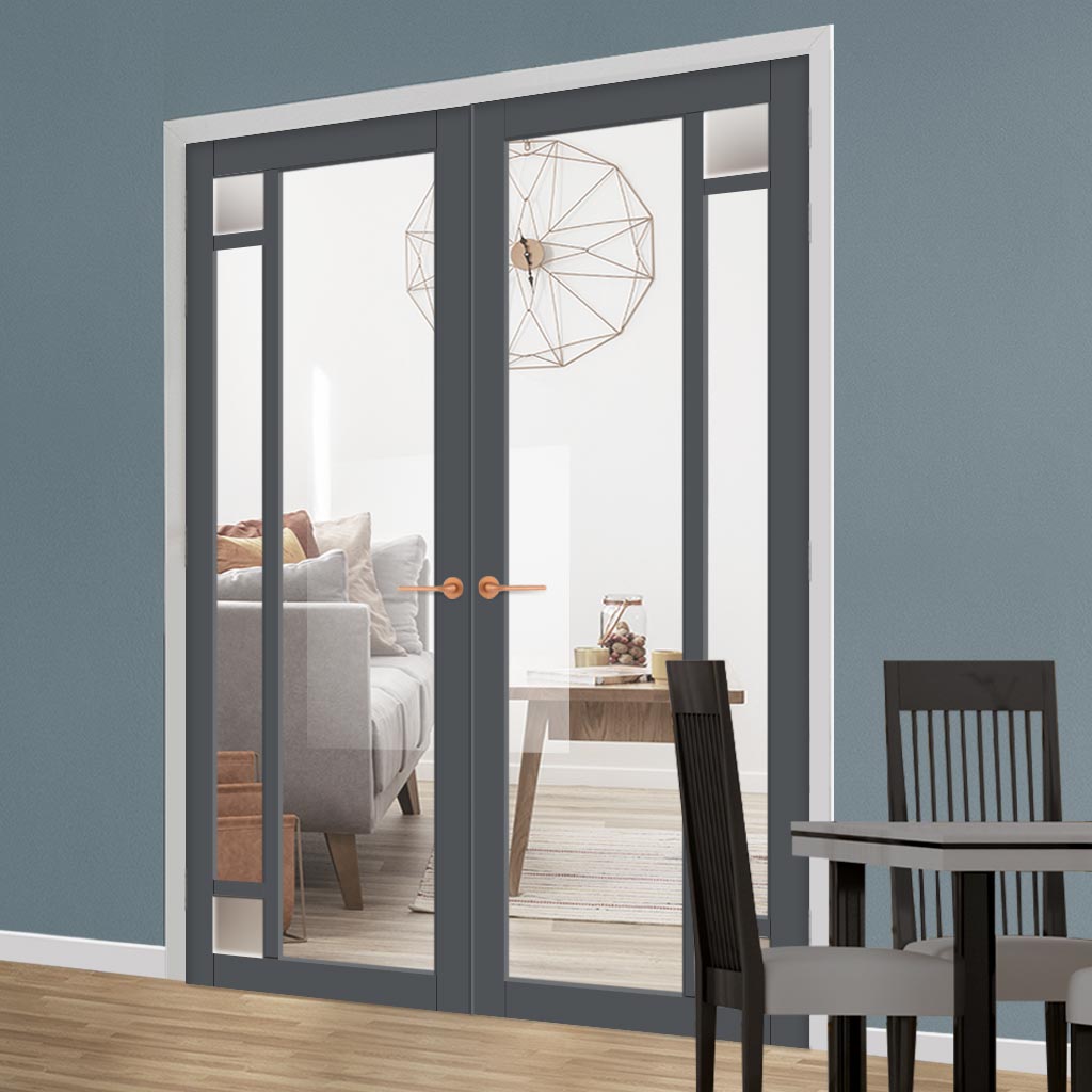 Eco-Urban Suburban 4 Pane Solid Wood Internal Door Pair UK Made DD6411G Clear Glass(2 FROSTED CORNER PANES)- Eco-Urban® Stormy Grey Premium Primed