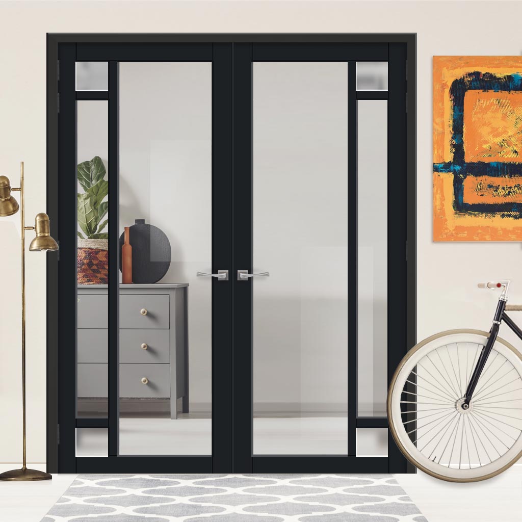 Eco-Urban Suburban 4 Pane Solid Wood Internal Door Pair UK Made DD6411G Clear Glass(2 FROSTED CORNER PANES)- Eco-Urban® Shadow Black Premium Primed