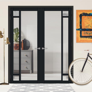 Image: Eco-Urban Suburban 4 Pane Solid Wood Internal Door Pair UK Made DD6411G Clear Glass(2 FROSTED CORNER PANES)- Eco-Urban® Shadow Black Premium Primed