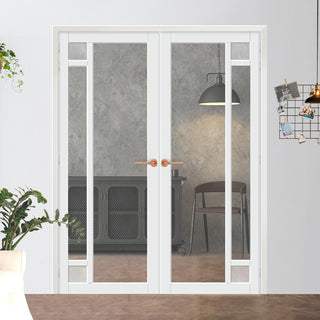 Image: Eco-Urban Suburban 4 Pane Solid Wood Internal Door Pair UK Made DD6411G Clear Glass(2 FROSTED CORNER PANES)- Eco-Urban® Cloud White Premium Primed