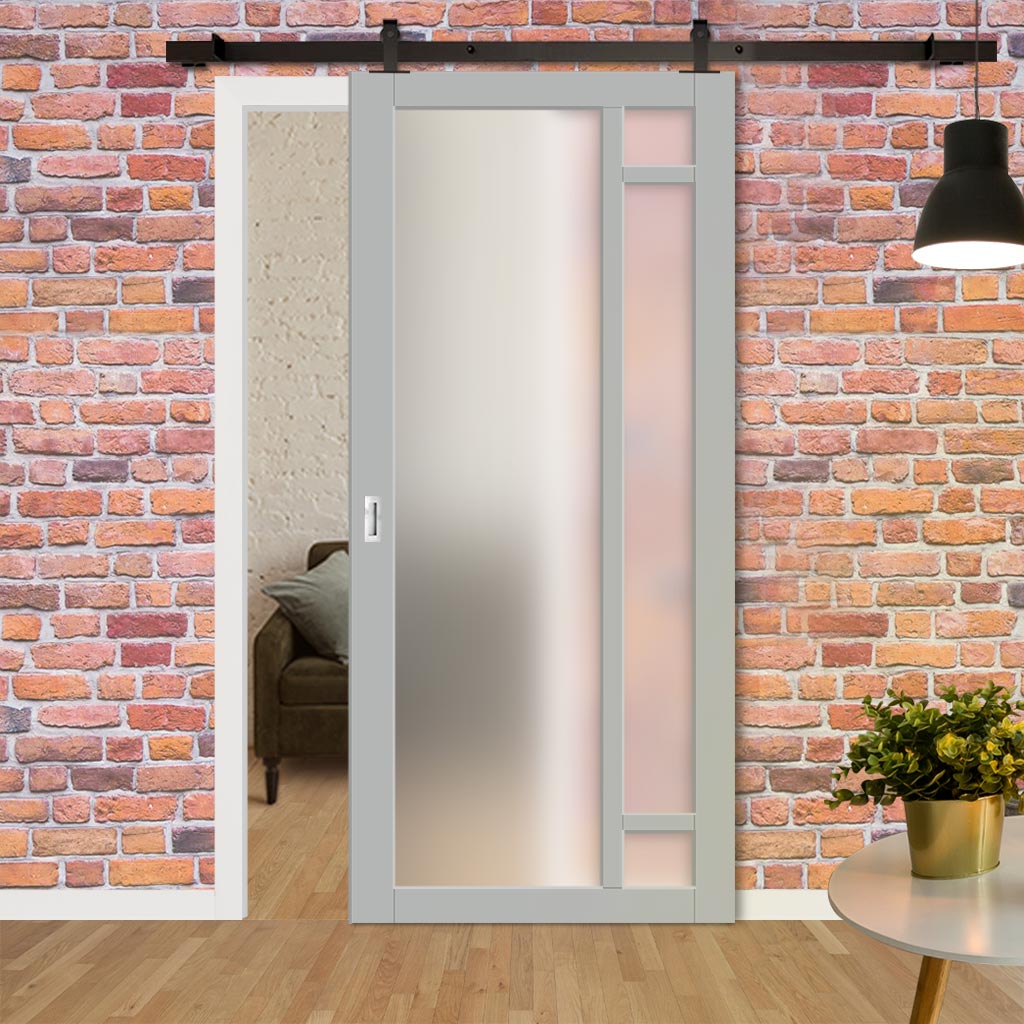 Top Mounted Black Sliding Track & Solid Wood Door - Eco-Urban® Suburban 4 Pane Solid Wood Door DD6411SG Frosted Glass - Mist Grey Premium Primed