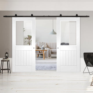 Image: Top Mounted Black Sliding Track & Double Door - Suffolk Doors - Clear Glass - White Primed