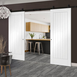 Image: Top Mounted Black Sliding Track & Double Door - Suffolk Flush Doors - White Primed