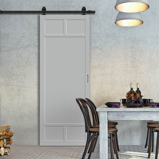 Image: Top Mounted Black Sliding Track & Solid Wood Door - Eco-Urban® Sydney 5 Panel Solid Wood Door DD6417 - Mist Grey Premium Primed