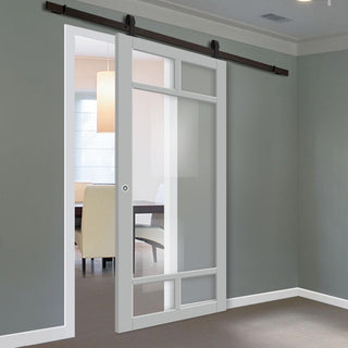 Image: Top Mounted Black Sliding Track & Solid Wood Door - Eco-Urban® Sydney 5 Pane Solid Wood Door DD6417G Clear Glass - Mist Grey Premium Primed