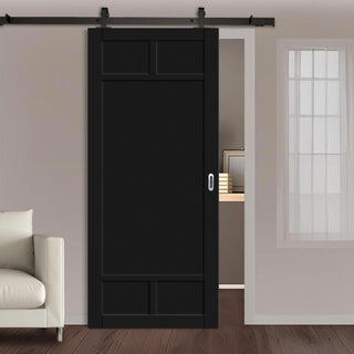 Image: Top Mounted Black Sliding Track & Solid Wood Door - Eco-Urban® Sydney 5 Panel Solid Wood Door DD6417 - Shadow Black Premium Primed