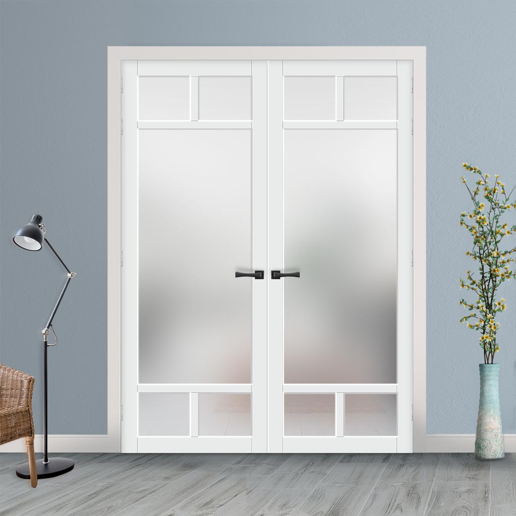 Eco-Urban Sydney 5 Pane Solid Wood Internal Door Pair UK Made DD6417SG Frosted Glass - Eco-Urban® Cloud White Premium Primed