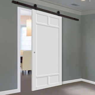 Image: Top Mounted Black Sliding Track & Solid Wood Door - Eco-Urban® Sydney 5 Panel Solid Wood Door DD6417 - Cloud White Premium Primed