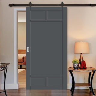 Image: Top Mounted Black Sliding Track & Solid Wood Door - Eco-Urban® Sydney 5 Panel Solid Wood Door DD6417 - Stormy Grey Premium Primed