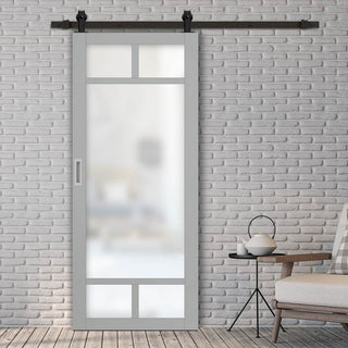 Image: Top Mounted Black Sliding Track & Solid Wood Door - Eco-Urban® Sydney 5 Pane Solid Wood Door DD6417SG Frosted Glass - Mist Grey Premium Primed