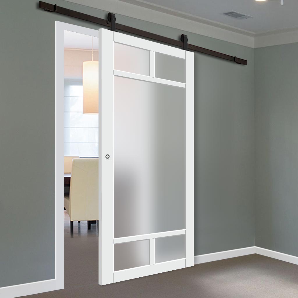 Top Mounted Black Sliding Track & Solid Wood Door - Eco-Urban® Sydney 5 Pane Solid Wood Door DD6417SG Frosted Glass - Cloud White Premium Primed