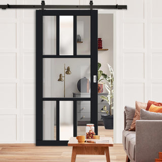 Image: Top Mounted Black Sliding Track & Solid Wood Door - Eco-Urban® Tasmania 7 Pane Solid Wood Door DD6425G Clear Glass(2 FROSTED PANE) - Shadow Black Premium Primed