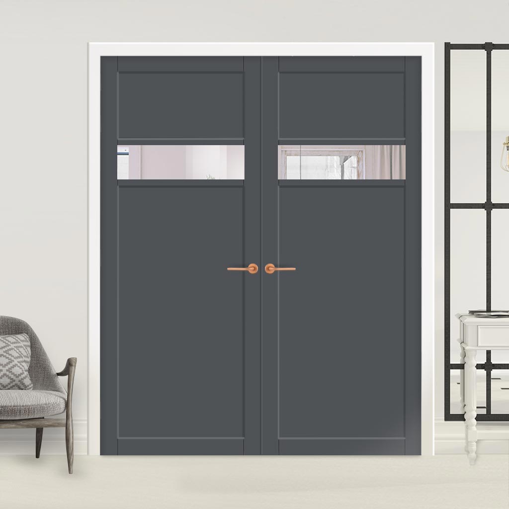 Eco-Urban Orkney 1 Pane 2 Panel Solid Wood Internal Door Pair UK Made DD6403G Clear Glass - Eco-Urban® Stormy Grey Premium Primed