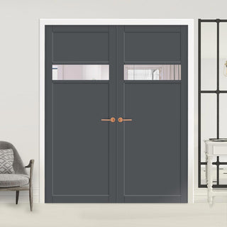 Image: Eco-Urban Orkney 1 Pane 2 Panel Solid Wood Internal Door Pair UK Made DD6403G Clear Glass - Eco-Urban® Stormy Grey Premium Primed
