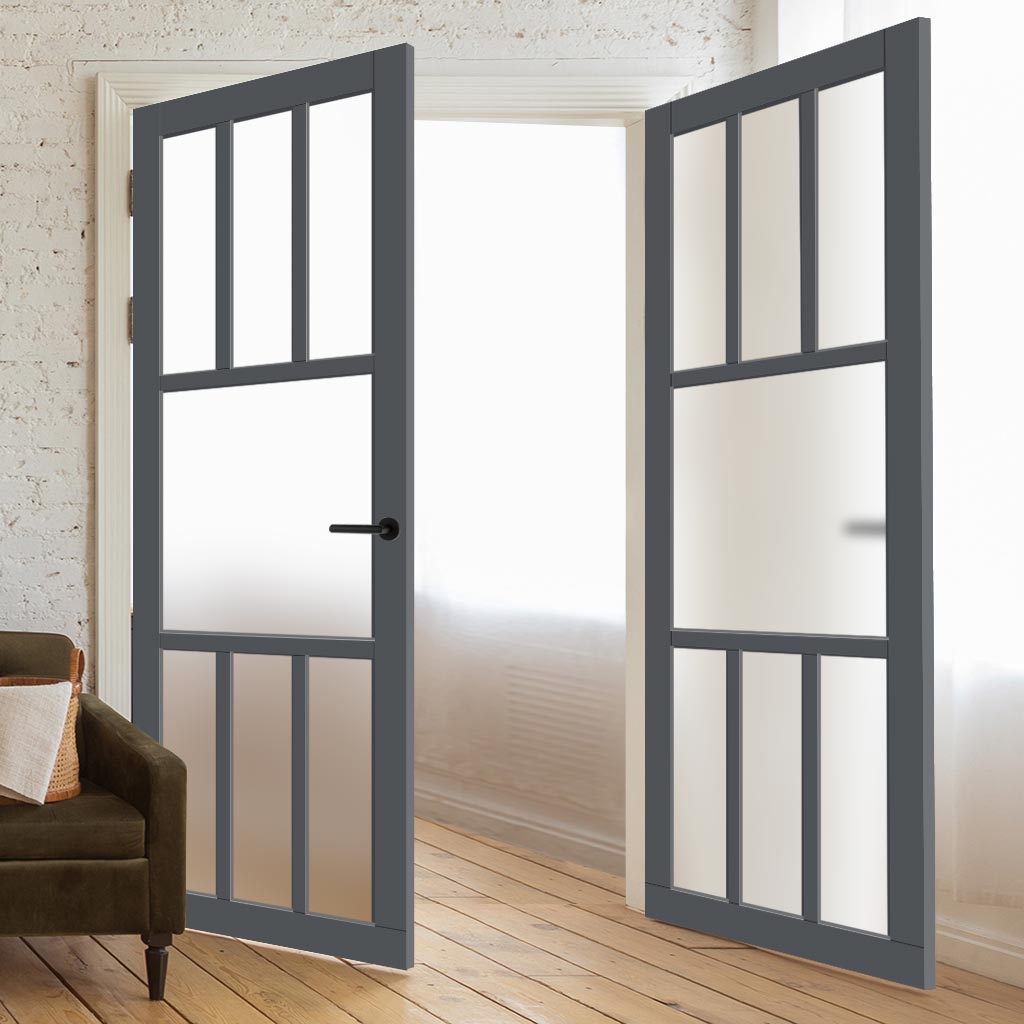 Eco-Urban Tasmania 7 Pane Solid Wood Internal Door Pair UK Made DD6425SG Frosted Glass - Eco-Urban® Stormy Grey Premium Primed