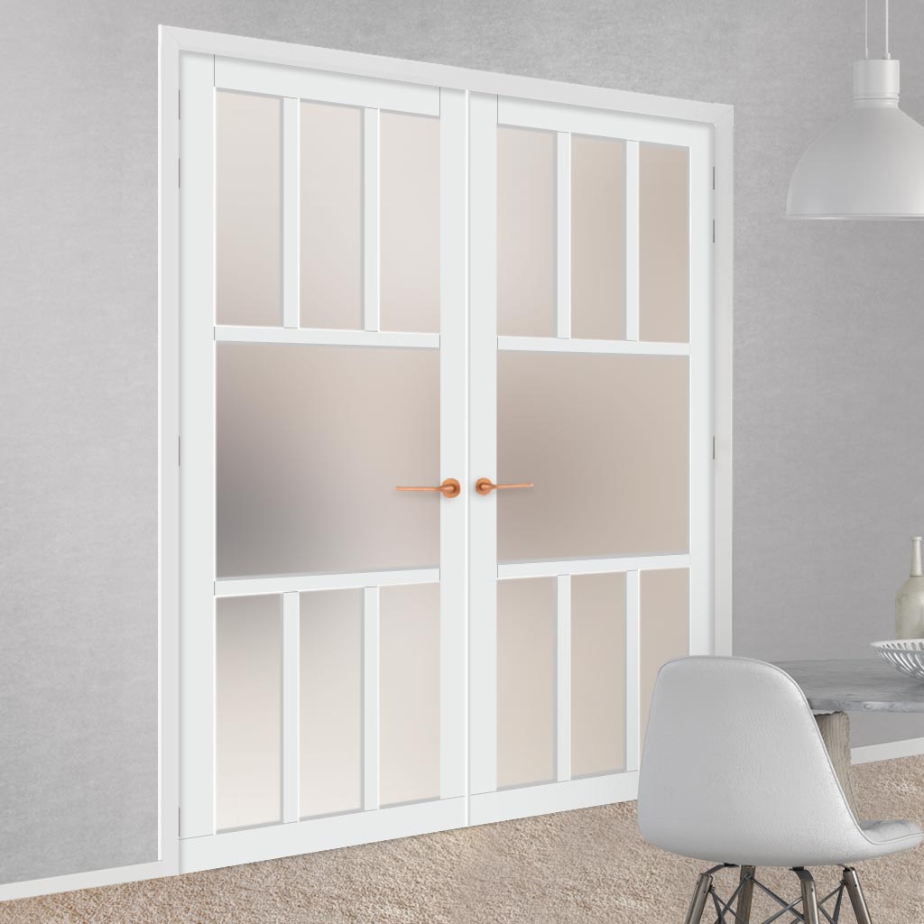 Eco-Urban Tasmania 7 Pane Solid Wood Internal Door Pair UK Made DD6425SG Frosted Glass - Eco-Urban® Cloud White Premium Primed