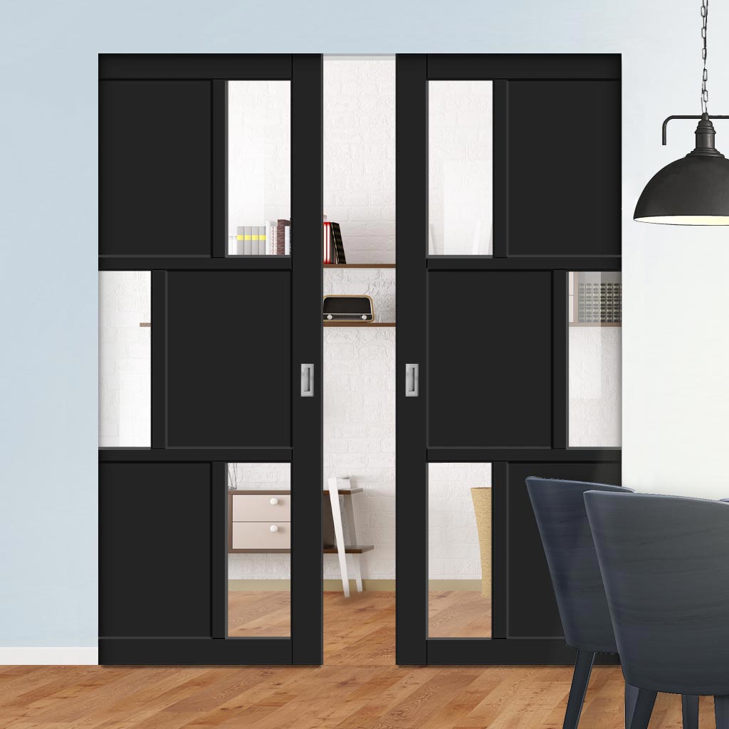 Handmade Eco-Urban® Tokyo 3 Pane 3 Panel Double Absolute Evokit Pocket Door DD6423G Clear Glass - Colour & Size Options