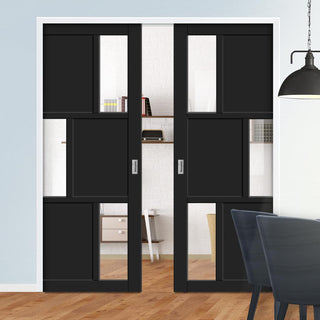 Image: Bespoke Handmade Eco-Urban® Tokyo 3 Pane 3 Panel Double Evokit Pocket Door DD6423G Clear Glass - Colour Options
