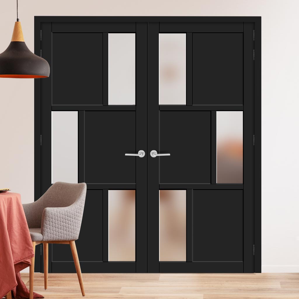 Eco-Urban Tokyo 3 Pane 3 Panel Solid Wood Internal Door Pair UK Made DD6423SG Frosted Glass - Eco-Urban® Shadow Black Premium Primed