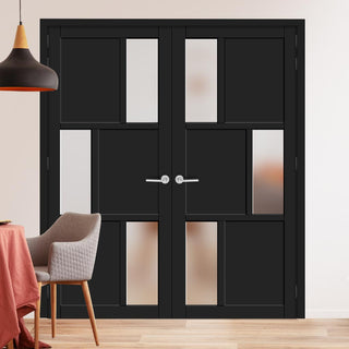 Image: Eco-Urban Tokyo 3 Pane 3 Panel Solid Wood Internal Door Pair UK Made DD6423SG Frosted Glass - Eco-Urban® Shadow Black Premium Primed