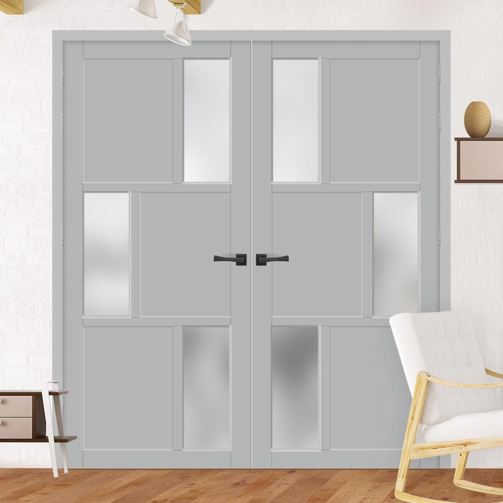 Eco-Urban Tokyo 3 Pane 3 Panel Solid Wood Internal Door Pair UK Made DD6423SG Frosted Glass - Eco-Urban® Mist Grey Premium Primed