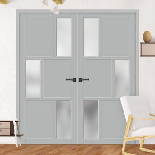 Image: Eco-Urban Tokyo 3 Pane 3 Panel Solid Wood Internal Door Pair UK Made DD6423SG Frosted Glass - Eco-Urban® Mist Grey Premium Primed