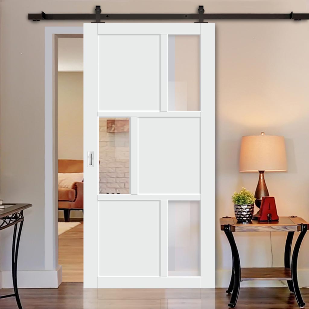 Top Mounted Black Sliding Track & Solid Wood Door - Eco-Urban® Tokyo 3 Pane 3 Panel Solid Wood Door DD6423G Clear Glass - Cloud White Premium Primed