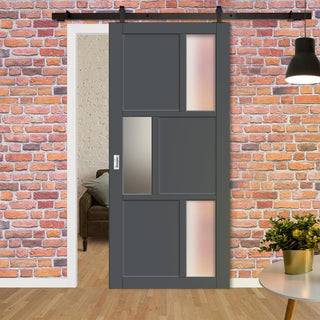 Image: Top Mounted Black Sliding Track & Solid Wood Door - Eco-Urban® Tokyo 3 Pane 3 Panel Solid Wood Door DD6423SG Frosted Glass - Stormy Grey Premium Primed