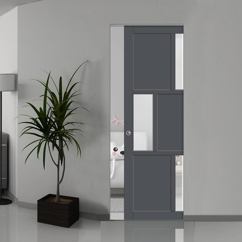 Handmade Eco-Urban® Tokyo 3 Pane 3 Panel Single Absolute Evokit Pocket Door DD6423G Clear Glass - Colour & Size Options