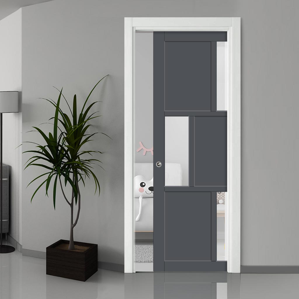 Handmade Eco-Urban® Tokyo 3 Pane 3 Panel Single Evokit Pocket Door DD6423G Clear Glass - Colour & Size Options