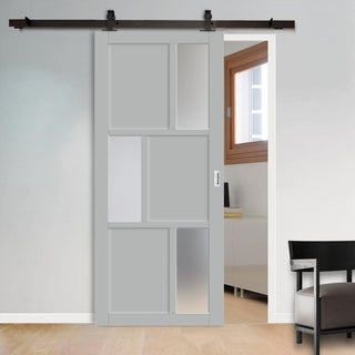 Image: Top Mounted Black Sliding Track & Solid Wood Door - Eco-Urban® Tokyo 3 Pane 3 Panel Solid Wood Door DD6423SG Frosted Glass - Mist Grey Premium Primed