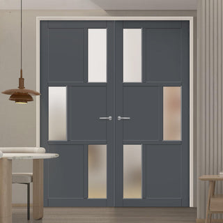 Image: Eco-Urban Tokyo 3 Pane 3 Panel Solid Wood Internal Door Pair UK Made DD6423SG Frosted Glass - Eco-Urban® Stormy Grey Premium Primed