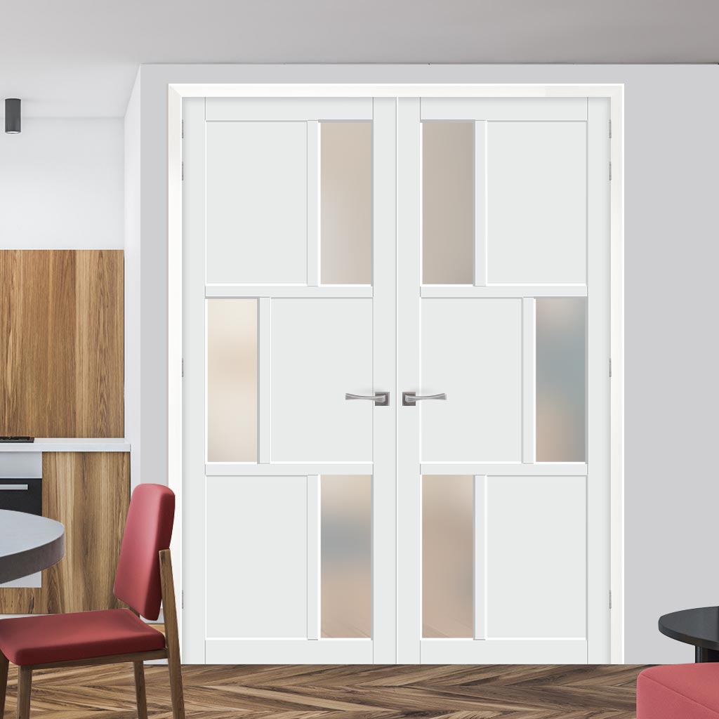 Eco-Urban Tokyo 3 Pane 3 Panel Solid Wood Internal Door Pair UK Made DD6423SG Frosted Glass - Eco-Urban® Cloud White Premium Primed