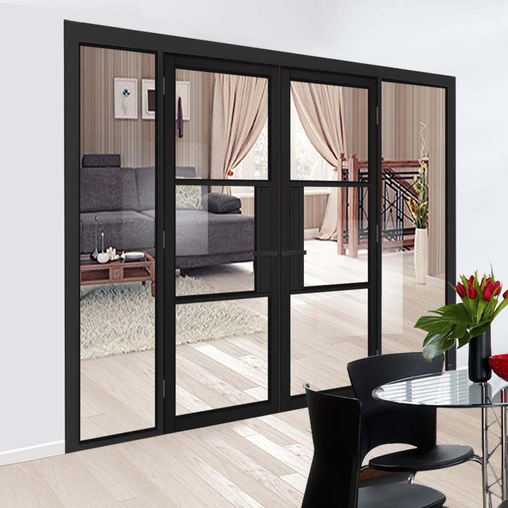 ThruEasi Black Room Divider - Tribeca 3 Pane Primed Clear Glass Unfinished Door Pair with Full Glass Sides