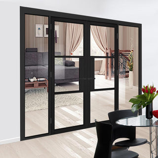 Image: ThruEasi Black Room Divider - Tribeca 3 Pane Primed Clear Glass Unfinished Door Pair with Full Glass Sides