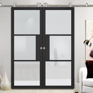 Image: Sirius Tubular Stainless Steel Sliding Track & Tribeca 3 Pane Black Primed Double Door - Clear Reeded Glass