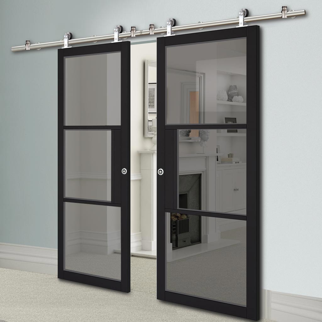 Sirius Tubular Stainless Steel Sliding Track & Tribeca 3 Pane Black Primed Double Door - Tinted Glass