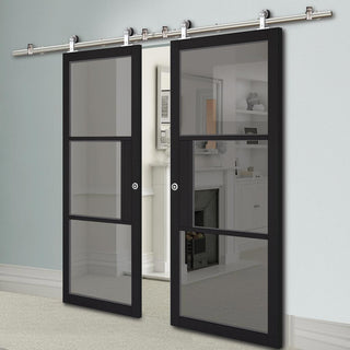 Image: Sirius Tubular Stainless Steel Sliding Track & Tribeca 3 Pane Black Primed Double Door - Tinted Glass