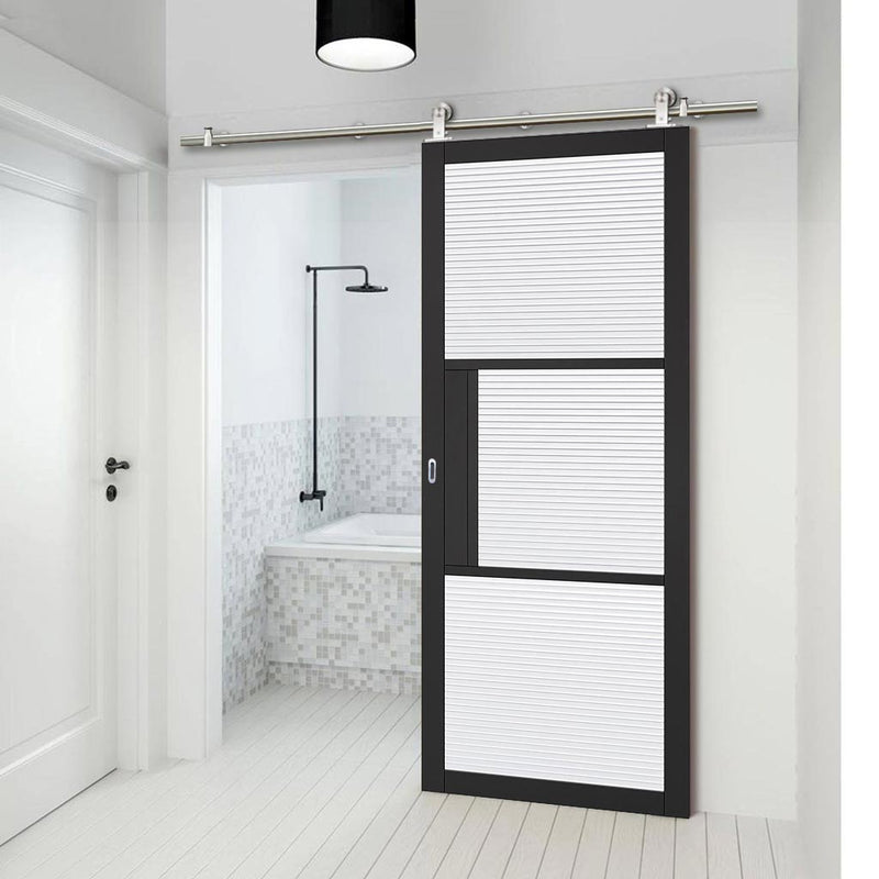 Sirius Tubular Stainless Steel Sliding Track & Tribeca 3 Pane Black Painted Door - Clear Reeded Glass