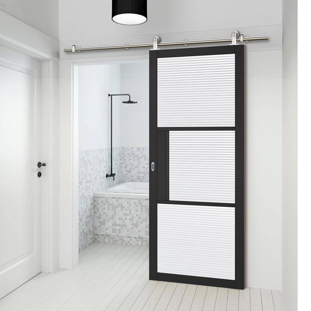 Sirius Tubular Stainless Steel Sliding Track & Tribeca 3 Pane Black Painted Door - Clear Reeded Glass