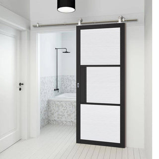Image: Sirius Tubular Stainless Steel Sliding Track & Tribeca 3 Pane Black Painted Door - Clear Reeded Glass